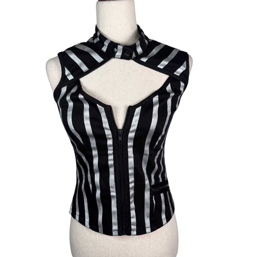 Lip Service Vest Women Small Black Silver Metallic Stripe Grunge Goth Cutout Zip